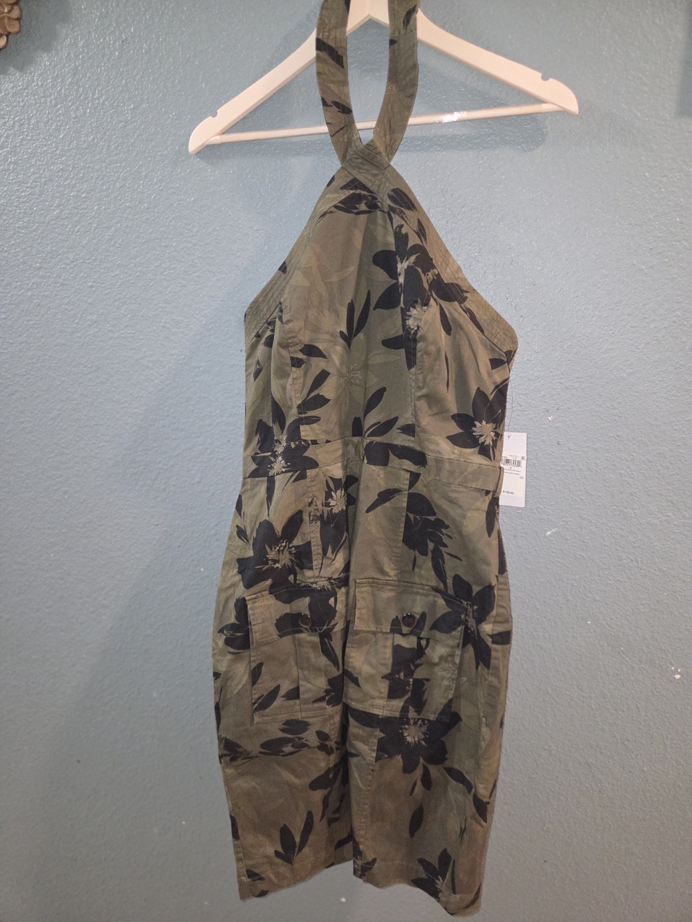 Olive Green Halter Floral Print Dress